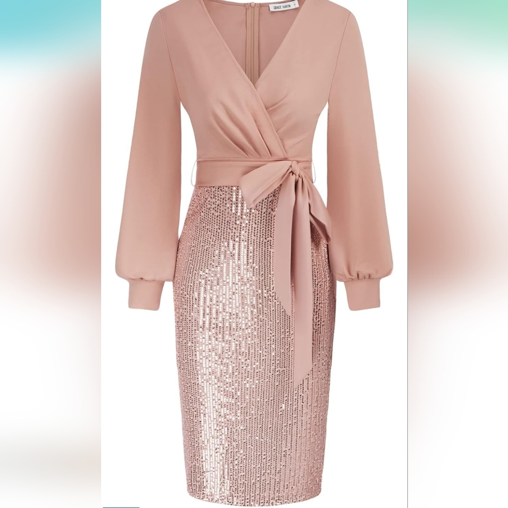 Grace Karin Pink Sequin Long Sleeve Dress